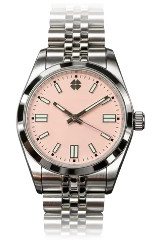 ASM · 001 : cadran rose, index luminescents, boîtier et bracelet en acier.