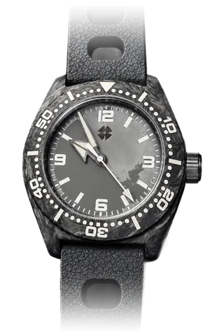 Boîtier en carbone forgé, lunette tournante, cadran gris, bracelet ajouré noir.