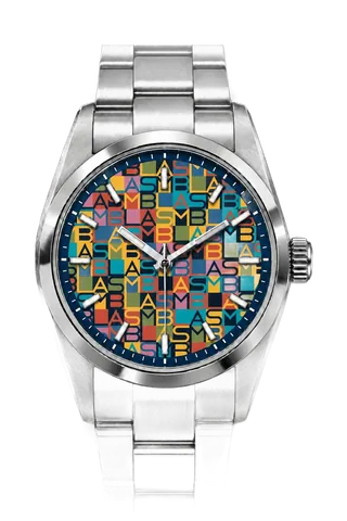 Cadran en mosaïque de lettres ASMBL. de couleur, boîtier et bracelet en acier.
