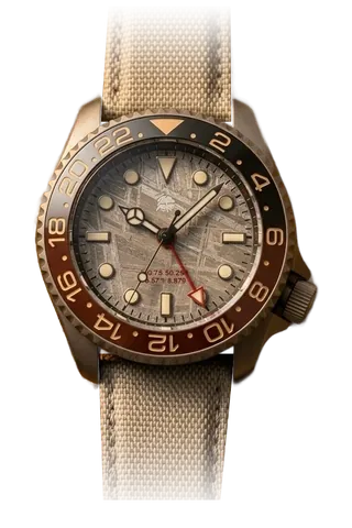 Cadran en météorite, lunette GMT brune et noire, boîtier sablé.