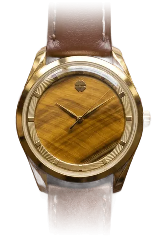 Cadran en œil-de-tigre, boîtier doré, bracelet en cuir brun.